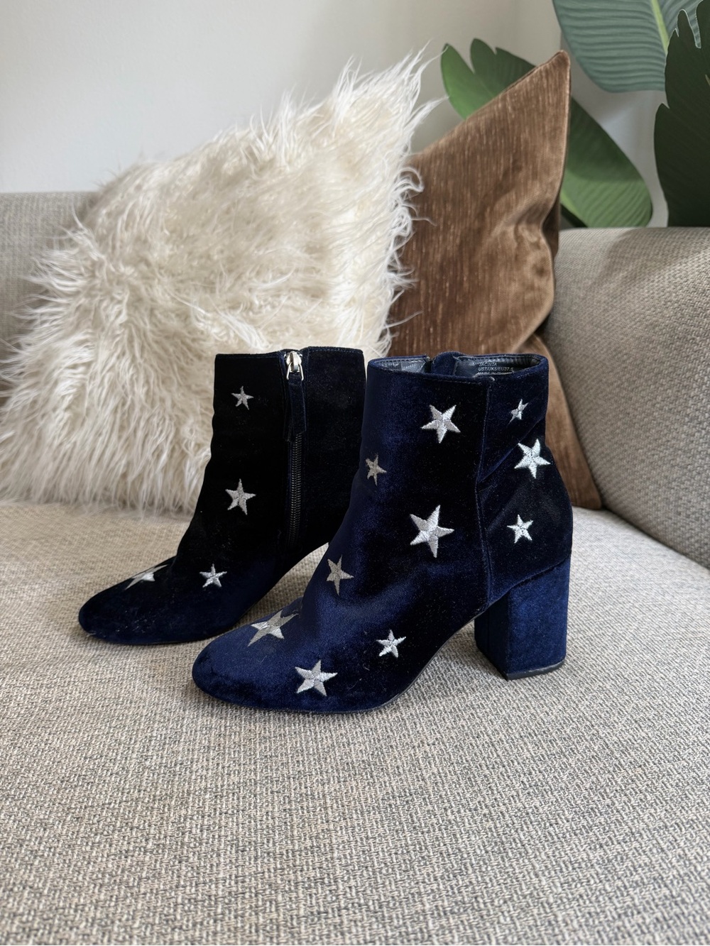 Navy Velvet Star Embellished Ankle Boots